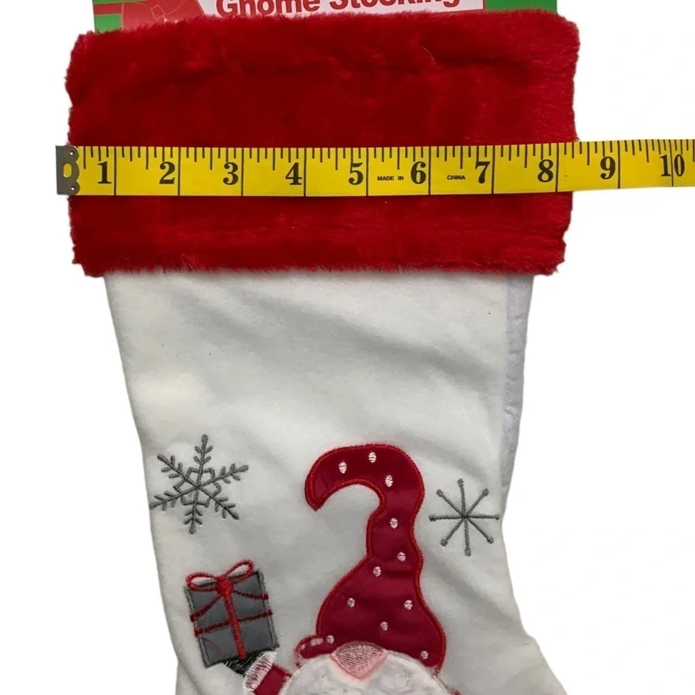 Christmas Stocking Santa Gnome Embroidery Embellishments 17 inches White Red